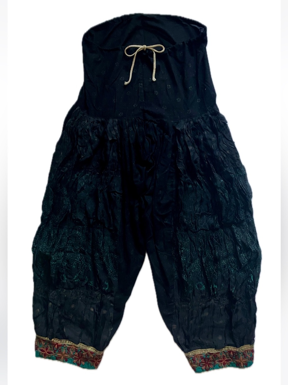 Black Boho Harem Pants with Embroidered Hem